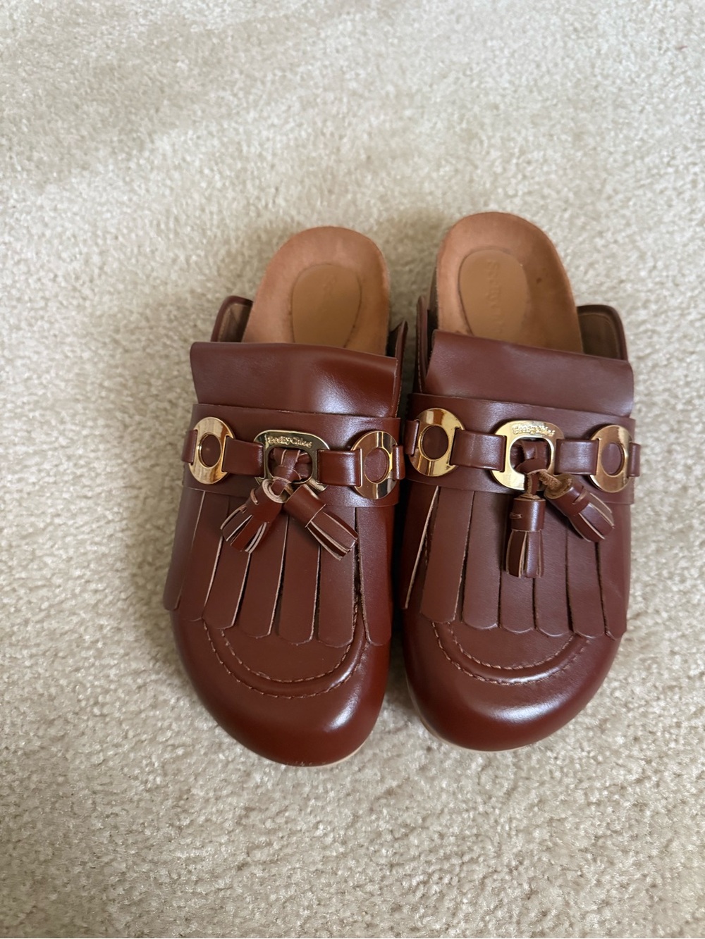 See By Chloe Brown Leather Tassel Kiltie Mule with Gold Hardware